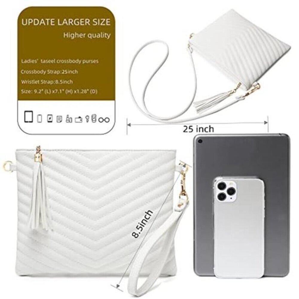 White Vegan Leather Shoulder Bag Clutch Crossbody Wallet With Wristlet Strap - Picture 3 of 7